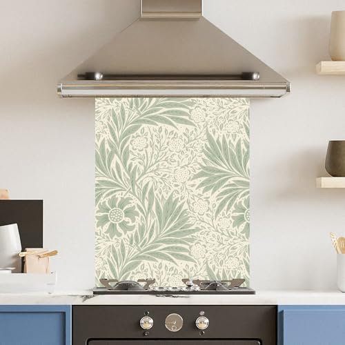 Toughened 6mm Glass Kitchen Splashback 60 x 75cm Pale Green Leaf Pattern Heat Resistant Back Splash for Cookers Hob