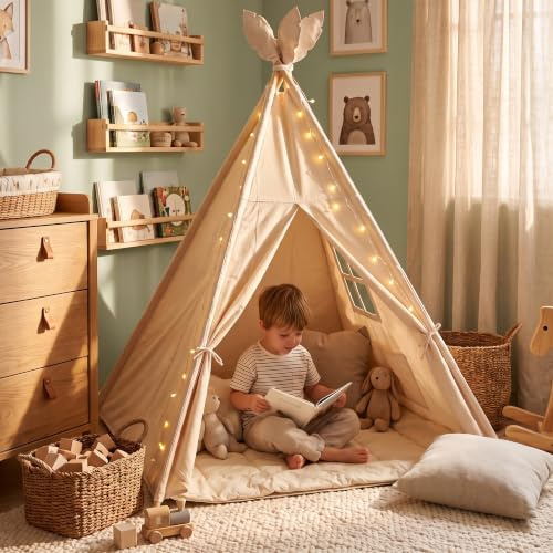 ALRITHO® Tipi Zelt für Kinder (Sandburgen Beige) – Spielzelt aus Silky Cotton & Holz inkl. Kuschelmatte, Tragetasche & SafeCuddle Stabilisator | Tippi Kinderzelt Indoor für das Kinderzimmer