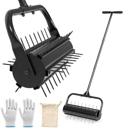KELIXU Lawn Aerator Tool, 22” Manual Lawn Aerators Roller, Heavy Duty Rolling Lawn Air Aerator Tool with Spike Row, 57.9” H Grass Lawn Aeration Tool, Yard Tools for Garden, Cropland to Loose Soil