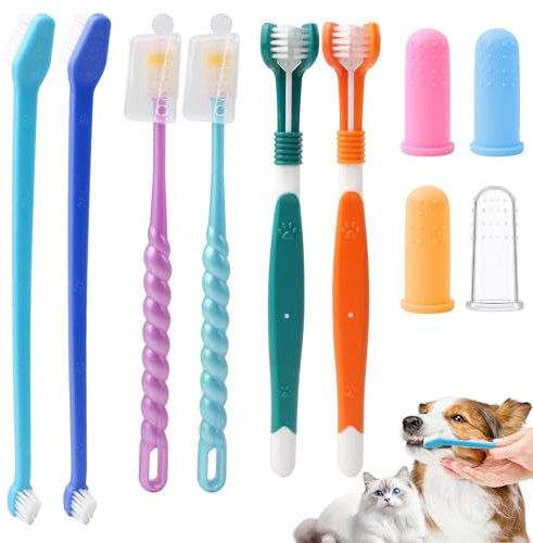 NVGVUP Haustier Zahnbürste Set, 2 Dreifach Köpfe Hunde Zahnbürsten, 2 Langem Griff Zahnbürste Hund, 2 Stück 360 Grad Katze Zahnbürste, 4 Zahnbürste Finger, für Mittelgroße und Große Hunde und Katzen