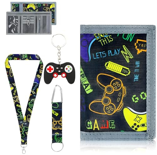 Monedero para niños y niños, juego de 4 piezas con triple billetera plegable para niños de poliéster resistente, cordón ajustable, cartera para niños, para escuela, ocio, viajes