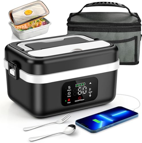 Fagalil Scatola da Pranzo Elettrica Senza Fili, 1L Scatola da Pranzo Riscaldata a Batteria per Adulti Portatile in Acciaio Inossidabile Riscaldatore di Cibo con Stoviglie e Sacchetto Isolato