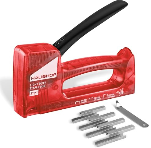 HAUSHOF Agrafeuse Murale Légère Type 53, Transparente | avec Repoussoir et 800 Agrafes 8 mm, Idéale pour Décoration, Bricolage et Menuiserie, Rouge