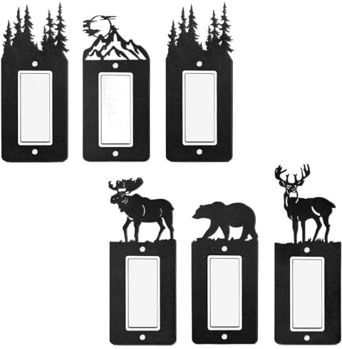 6 placas de metal para interruptor de luz, diseño de oso de alce, montaña, alce, bosque, color negro, para interruptor de luz, cubierta de interruptor de luz rústica vintage para decoración del hogar