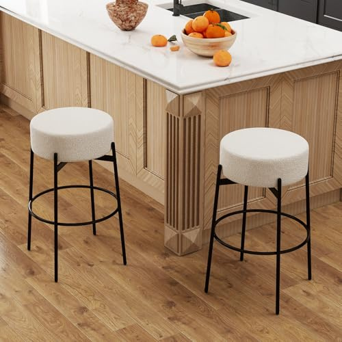SoarFlash Modern Rotatable Bar Stools Set of 2, 30 Sherpa Swivel Counter Height Stools with Round Soft Padded Boucle Backless Seat, White