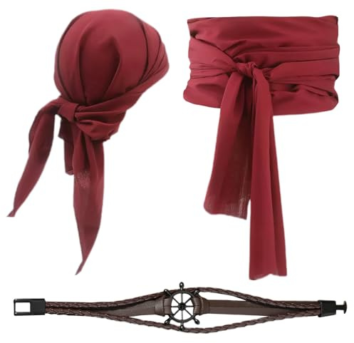 FUIPVGI 3 Stücke Piratenkostüm Damen Zubehör, Mittelalter Piratenkapitän Kostümzubehör, Piraten Kopftuch, Taillengürtel, Lederarmband, Karneval Kostüm Pirat, für Cosplay Halloween (Rot)