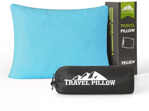 PEUJEW Small Shredded Memory Foam Pillow, Camping Pillow Travel Pillow - Compressible Medium Firm, Breathable Cover, Ideal Backpacking Hiking, Airplane and Car (Sky Blue, S)