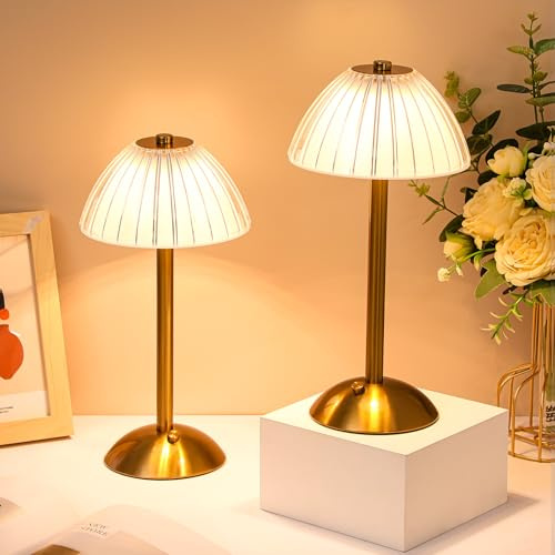 Liliful 1 Pcs Cordless Table Lamp Rechargeable Touch LED Small Gold Portable Battery Operated USB-c Desk Lamp 3 Color Dimmable for Bedroom Living Room Dining (Gold,Mushroom Style)