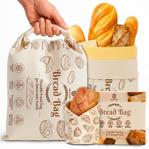 3 Pack Cotton Beeswax Bread Bags for Sourdough - 2XL Organic Reusable with Bees Wax Lining & Buckle Closure + 1 Beeswax Wrap, Wax Cloth Bread Bags & Freezer Safe, Eco-Friendly & Easy to Clean
