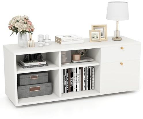 GOPLUS Mueble De Almacenamiento, Consola De TV con 2 Cajones, 4 Compartimentos Y Pies Ajustables, Vitrina De Piso Moderna para Sala De Estar, Dormitorio, Entrada, Espacios Pequeños, Color Blanco