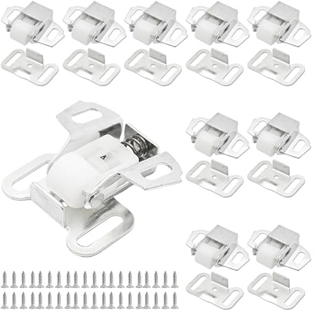 Runseaway 10 Set Single Roller Catch Latch with Screws, Heavy Duty Cabinet Door Catch, Spring Loaded Hardware for Closet, Wardrobe, Furniture, Overlay Cabinet, Easy Installation, Silver
