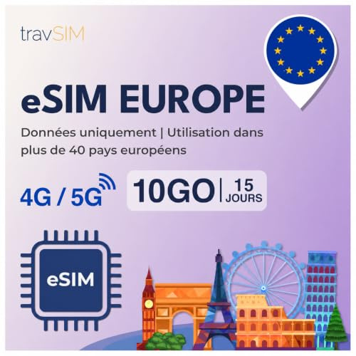 travSIM eSIM Europa | 15 dagar – 10 GB | eSIM Europa, användning i Tyskland, Frankrike, Spanien, Italien, Nederländerna och mer | Tillgång till Google, Facebook, Whatsapp med mera | Inga