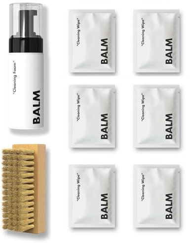 BALM Schuhputzsets – Premium Sneaker Reiniger & Schuhpflegeset für Leder, Textil, Suede, Nubuk etc – Sneaker Cleaner als Schaum, 3 Bürsten für Leder/Textil/Sohle, Mikrofasertuch, 6 Reinigungstücher