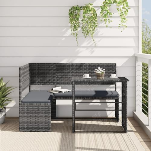 QJBSAVVA L-Form Gartensofa aus grauem Poly-Rattan mit Klapptisch & Anthrazitkissen 142,5x100x90 cm Modernes Design Robust und Langlebig für Garten Balkon Terrasse