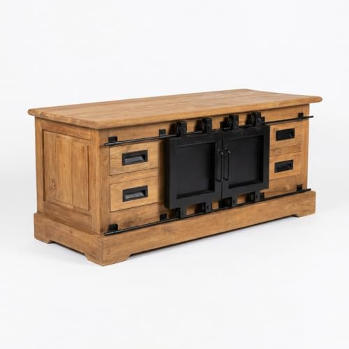 Meuble TV Petit modèle L. 110 cm en Bois de Teck Massif avec 4 tiroirs 2 Portes coulissantes et poignées en métal Noir – Ambiance Industrielle Authentique – Edwards