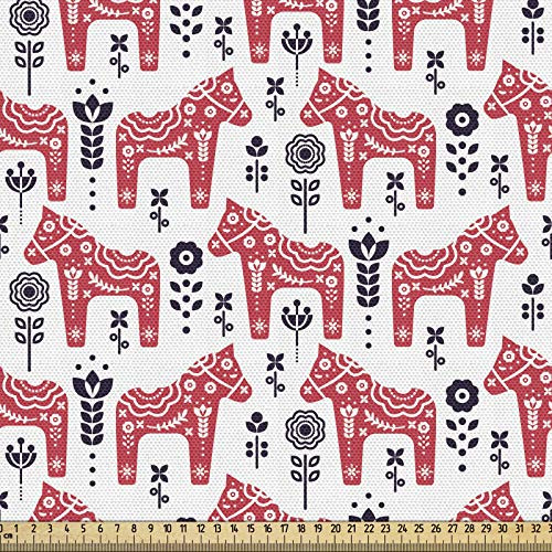 ABAKUHAUS Ethnisch Gewebe als Meterware, Folk Dala Pferd mit Blumen, Schön Gewebten Stoff für Polster und Wohnaccessoires, 1M (148x100cm),Dunkler Coral Indigo
