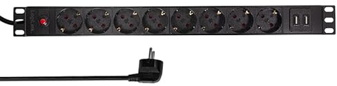 Faconet® 19 Profi Steckdosen- Stromleiste 8X Schutzkontakt 45° versetzt und 2X USB-Buchse mit Ladefunktion mit je 2,1A.