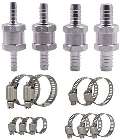 Clapet Anti-Retour Valve à Carburant,Tianher 4 Pièces Aluminium Carburant Non Retour Clapet Anti-Retour à Essence Diesels Car Auto 6mm 8mm 10mm 12mm Valve de Contrôle avec 10 Collier Serrage Inox.