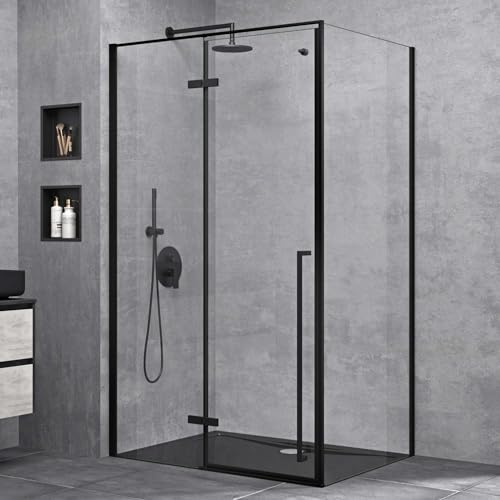 doporro Duschkabine Duschabtrennung 80x120x195cm Eckdusche ESG-Glas | Klarglas inkl. beidseitiger Easy-Clean-Beschichtung | Glastür mit Haken | Aluminiumrahmen in Schwarz | Ravenna64K