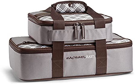 Rachael Ray Lugger Duo, Insulated Casserole Carrier for Hot or Cold Food, Thermal Lasanga Lugger Tote for Pockluck, Parties, Picnic, and Cookouts, Fits 9 x 13 Baking Dish, Sea Salt Grey
