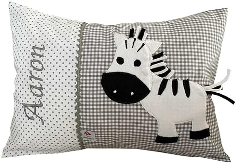 Glückspilz Namenskissen personalisiert, Babykissen mit Namen Bestickt, Zebra, Grau, 25 x 35 cm