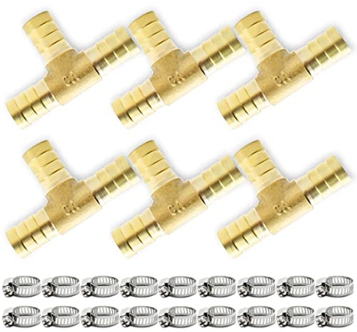 Bwintech 6 Pezzi Raccordi Portagomma, 14mm 3 Vie Tee Connettore Portagomma in Ottone con 18 Morsetti