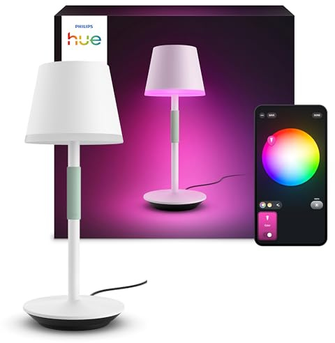 Philips Hue Go Portable - Lámpara de mesa inteligente portátil, lámpara de mesa led recargable, Luz Blanca y de Colores, para interior y exterior (IP20/54), Compatible con Alexa y Google Home, blanca