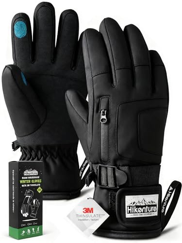 Hikenture Ski Gloves Snow Glove for Men&Women, 3M Thinsulate Waterproof Snowboard Gloves, Insulated Touchscreen Snowmobile Glove for Cold Weather, Windproof Warm Skiing Gloves, Black-M