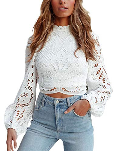 Mujer Camiseta Elegante de Encaje Top Blusa de Ganchillo Crop Top Camisa Blanca con Agujeros Tops Recortados Ajustados de Manga Larga y Cremallera Trasera para Casual Fiesta Boda Cita (Blanco, S)