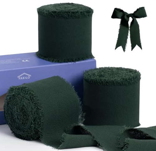Dunkelgrünes Chiffon-Band zum Verpacken von Geschenken, FAKILO Fransenband 3 Rollen 3,8 cm x 19 m Vintage-Band-Set für Hochzeitseinladungen, Geburtstags-/Urlaubsparty-Dekorationen, Brautsträuße
