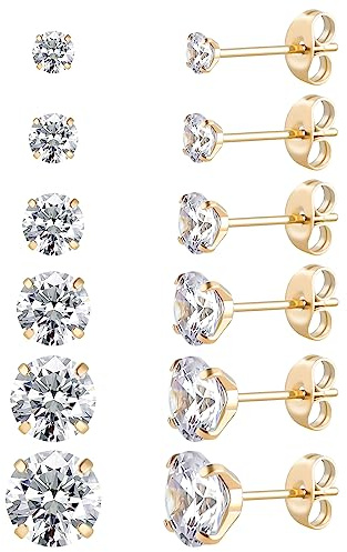 Lot de 6 paires de clous d'oreilles en acier inoxydable chirurgical, vis arrière plaqué or 18 carats cœur, étoile, carré, princesse, rondes, zircons blancs, pour femme