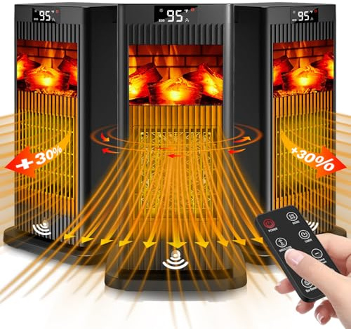 Space Heater, 2024 Small Space Heaters for Indoor Use, Oscillating Electric Heater with Infrared Sensor & 3D Flame Effect as Mini Fireplace, 1500W ECO Portable Heater for Office/Bedroom/Home/Garage