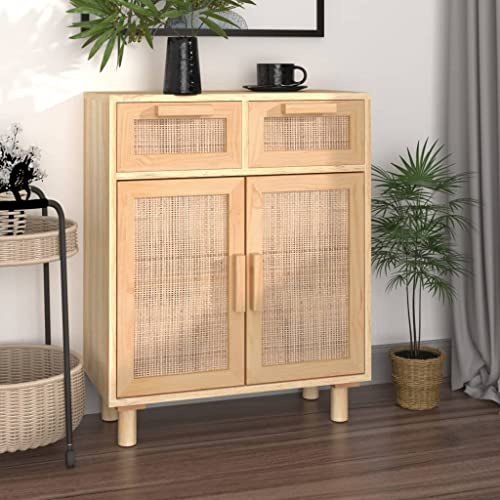 Tidyard Sideboard mit 2 Schubladen und 2 Fächern Kommode Beistellschrank Highboard Wohnzimmerschrank Aufbewahrungsschrank Standschrank Schrank Braun 60x30x75 cm Massivholz Kiefer und Natur-Rattan