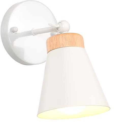 iDEGU Retro Wandleuchte aus Holz Metall Lampenschirm 180° Drehbare Wandspot Modern Deckenleuchte LED Wandlampe Innen für Wohnzimmer Schlafzimmer Flur Küche (Weiß)
