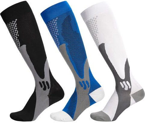 Zuimei Compression Socks, 3 Pair Circulation 20-30 mmhg Compression Stockings, Flight Socks For Men, Knee High Knee High Varicose Veins Socks for Running Nursing Flight Travel(Large Multi)