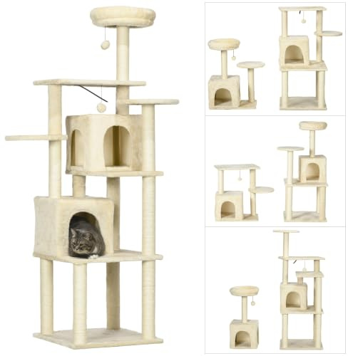 PawHut Arbre à Chat Design DIY 171 cm Centre d'Activités 2 Niches Beige | Arbre à Grimper, Griffoir, Tour de Jeux, 6 Plateformes, 2 Pompons Suspendus