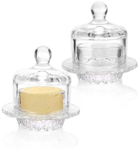 JUXYES Lot de 2 petits beurriers en verre avec couvercle, mini cloche ronde en cristal transparent avec couvercle, beurre décoratif en cristal pour comptoir avec couvercle en forme de dôme, petits