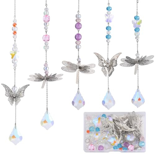 SUNNYCLUE 1 låda gör-det-själv 5 set trädgård solfångare regnbågstillverkare solfångare prisma glas kristallpärlor färgglada solfångare tillverkning kit filigran metall fjäril trollslända länkande