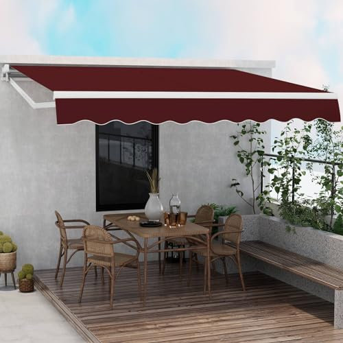 SFAREST 3.6 x 3m/ 4 x 2.5m Retractable Manual Awning, Adjustable Aluminum Sun Shade Shelter with Crank Handle, Outdoor An-ti-UV Waterproof Garden Patio Canopy Cover (Wine, 3.6 x 3m)