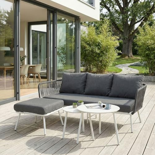IDIMEX Gartenlounge Mykonos, weiß/grau - Balkon Lounge Sofa mit Dreisitzer, Hocker & Beistelltisch, Wasserabweisende Kissen, wetterfest für Balkon und Terrasse