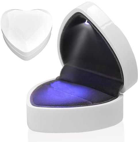 Fuitke Ring Box With LED Light, Heart Shape Jewellery Gift Box Auto Lighted Up Velvet Earring Ring Case Creative Diamond Luxury Storage Display Holder for Engagement Proposal Wedding (White)