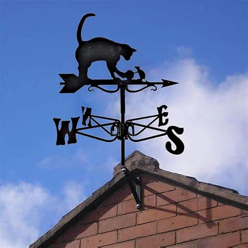 Girouette pour chat - Girouettes de jardin décoratives, girouette de cour de toit en métal, indicateur de direction du vent avec support de toit pour cour de montage de jardin sur toit extérieur