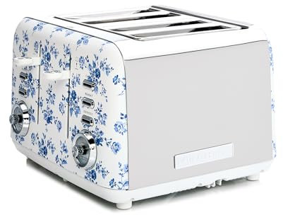 VQ Laura Ashley Grille-Pains 4 Tranches avec Modes de Chauffage, Décongélation et Réchauffage Réglables - Inox Grille Pain Vintage avec un Support de Réchauffage Pour Croissants - China Rose