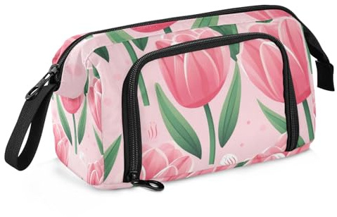 Mnsruu Federmäppchen mit großem Fassungsvermögen, rosa Tulpen, Stifteetui, Schreibwaren-Tasche, Schule, Uni, Büro, Organizer für Teenager, Erwachsene, Studenten, Rosa Tulpen, Einheitsgröße,