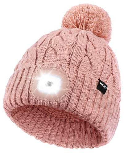 Wmcaps Mütze mit LED Licht Damen, Wiederaufladbare Type-C Strickmütze | Abnehmbare LED-Leuchte, Bommelmütze mit 4 LED-Lichtern, für Gassi-Runden, Weihnachtsgeschenke für die Ehefrau