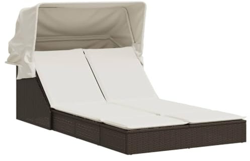 Eleganz Doppel-Sonnenliege mit Dach & Auflagen – PE-Rattan & Stahl – Gartenbett für Terrasse & Garten – Wetterfest & Langlebig