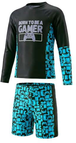 JiAmy pojkar baddräkt 2-delat badset, gradient spel tonåring pojkar badkläder långärmad badskjortor och shorts baddräkt för 8-14 år, Akvamarin-spel, 10-11 År