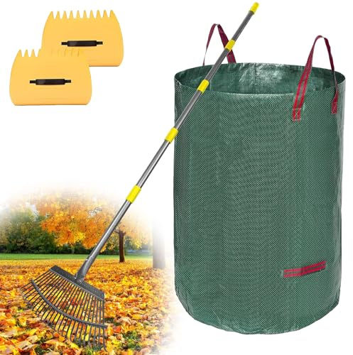 Râteau à Feuilles, 130cm Râteau de Jardin Kit - avec Sacs de Feuilles et 2 Pelles à Feuilles, 130cm Râteau avec Longue Poignée Réglable et 25 Broches Robustes pour Nettoyer Plantes, Pelouse et Cour