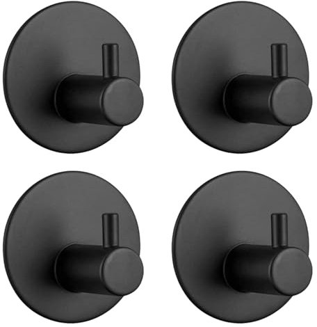 WPNCYK 4 Pcs Black Towel Holder, Self Adhesive Hooks, Tea Towel Holders, Round Stainless Steel Hook Heavy Duty Wall Mounted Hooks No Drilling Required for Bathrooms Shower Kitchen (Black)