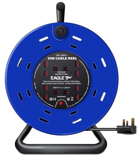Eagle 4 x UK Plug Socket Extension Reel with A Frame Metal Holder, Restable Thermal Safety Cut Out Protection, Cushioned Easy Hold Handle, Winding Handle, UK Plug. Extending Extension Lead 13 Amps 30m